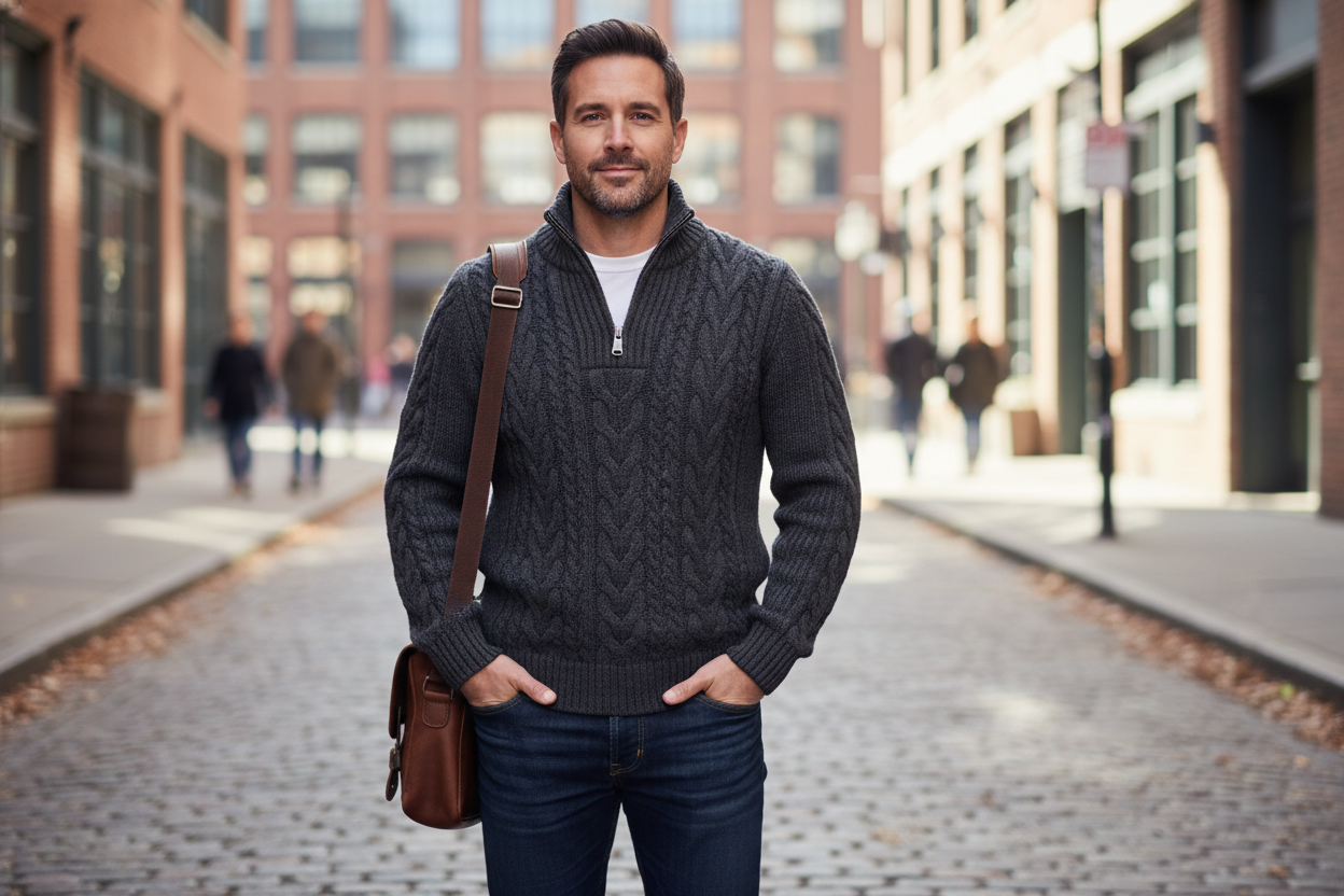 Men's Cozy Cable Knit Half-Zip Pullover Elevate your everyday rotation with this fearless cable knit pullover that refuses to play it safe. The textured knit construction delivers serious visual depth while the half-zip design gives you total control—layer it open over a crisp tee or zip it up for standalone impact. Built for those who demand comfort without compromise, this piece transitions seamlessly from weekend hangs to unexpected moments that demand edge. Premium knit construction ensures durability c