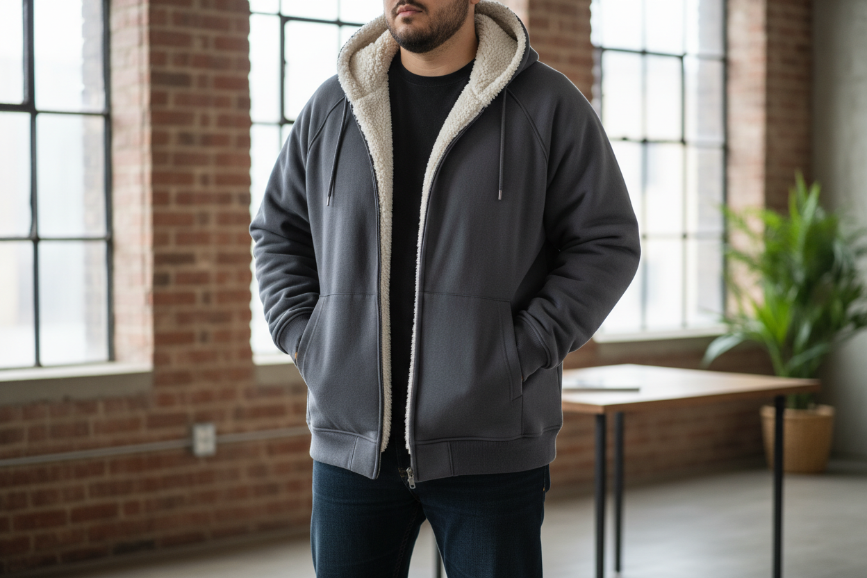 Men's Plus Size Sherpa Lined Zip Up Hoodie Layer up with uncompromising comfort. This oversized zip-up hoodie features a plush sherpa lining that transforms everyday wear into a statement piece—soft enough to live in, bold enough to own the room. Deep pockets, reinforced seams, and a relaxed fit designed for movement and presence. Perfect for those who refuse to sacrifice style for substance.