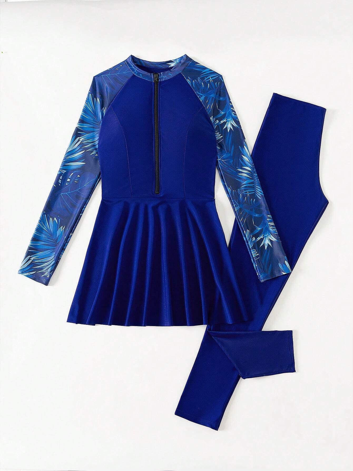 Swim Mulvari Women Summer Beach Contrast Tropical Print Holiday Long Sleeve Burkini Set Arabic Clothing