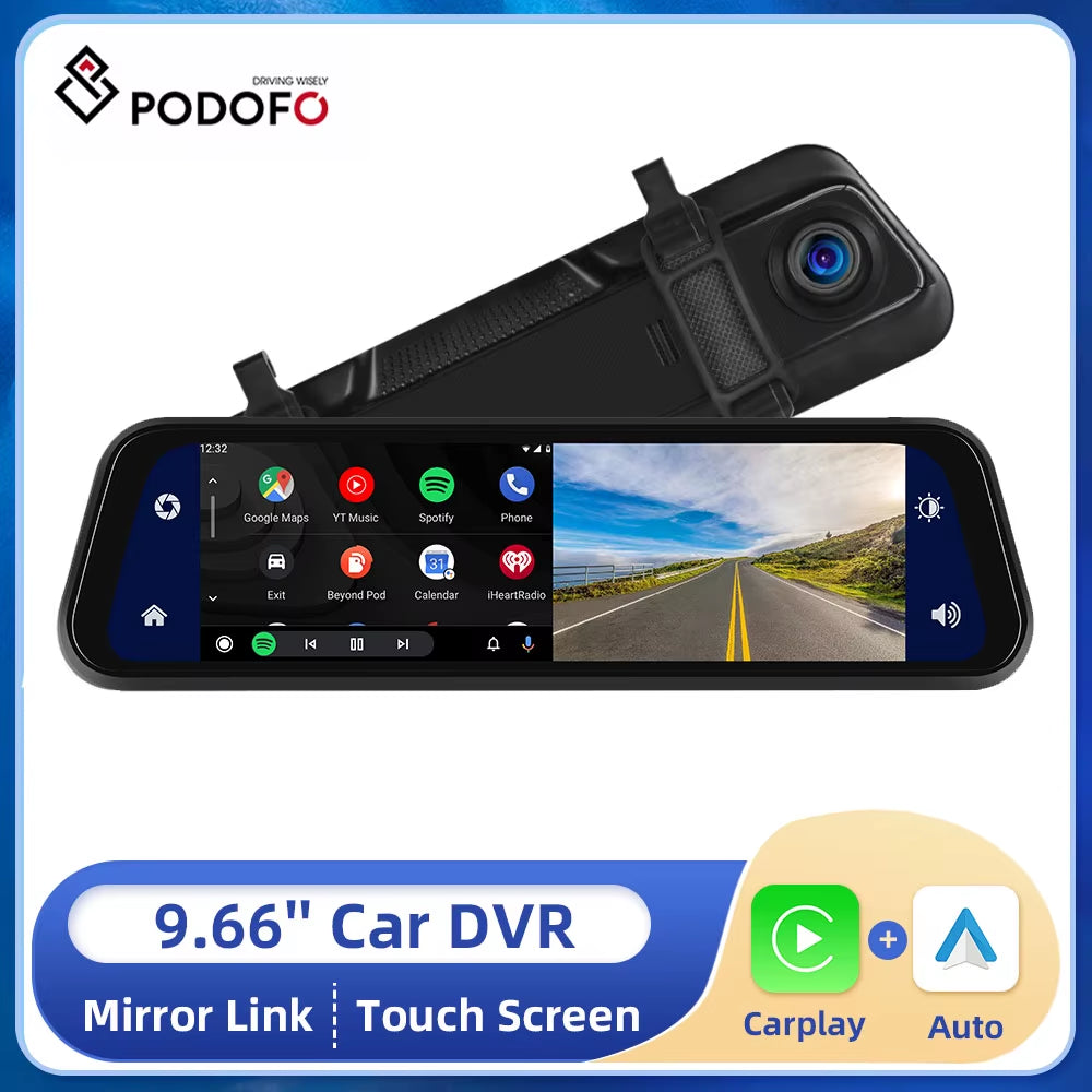 Car DVR Mirror 9.66 Inch Touch Screen Stream Rearview Dash Cam Mirror Dual Car Camera Wireless Carplay Drive Recorder