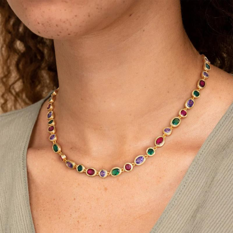 Turandoss Unisex 14K Gold Plated Multicolor Gemstone Tennis Necklace Square & Teardrop Cut Cubic Zirconia Choker Colorful Chain Jewelry Gift for Men & Women Birthday Wedding Anniversary