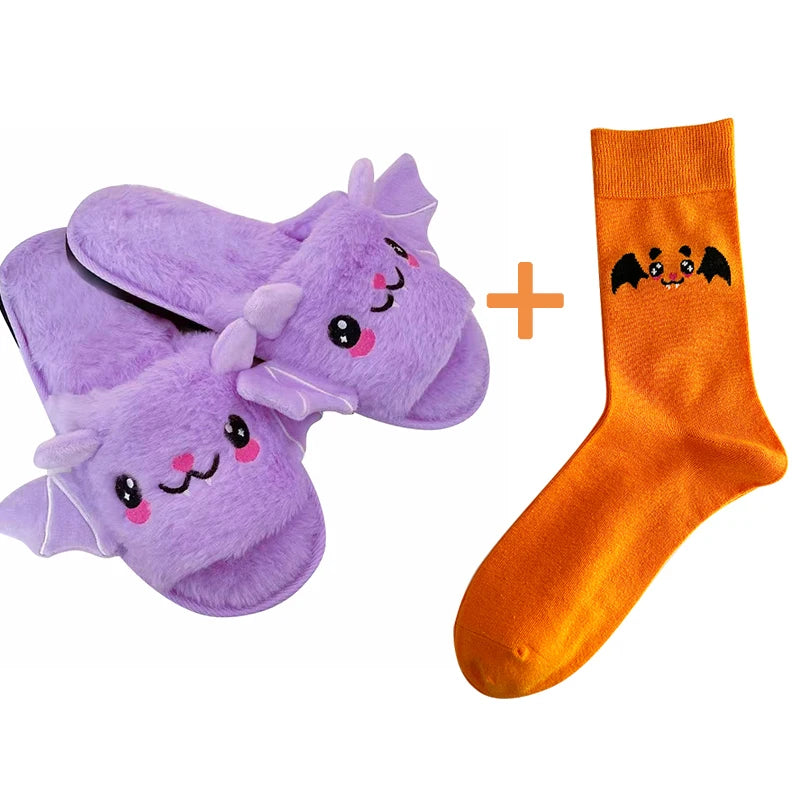 Halloween Bat Plush Slippers for Women and Men - Lightweight, Silent, and Fuzzy Home Footwear for Adults and Kids