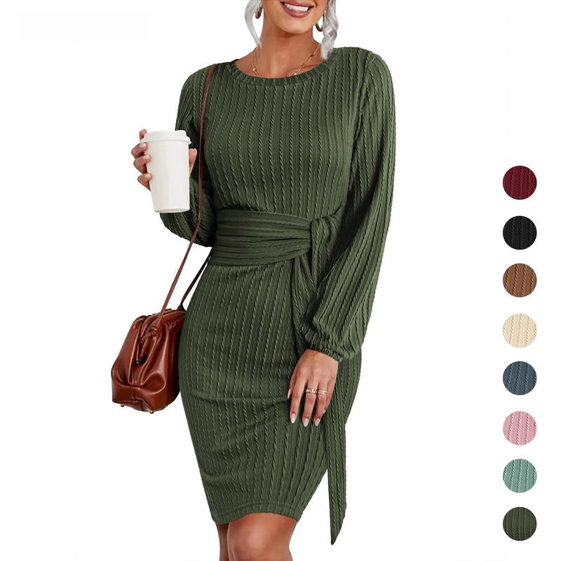 Women'S Elegant Knit Dress Long Lantern Sleeve Fall Bodycon Crewneck Tie Waist Rib Knitted Sweater Dresses Basic Chic Minimalist Sizes Run Small Petite