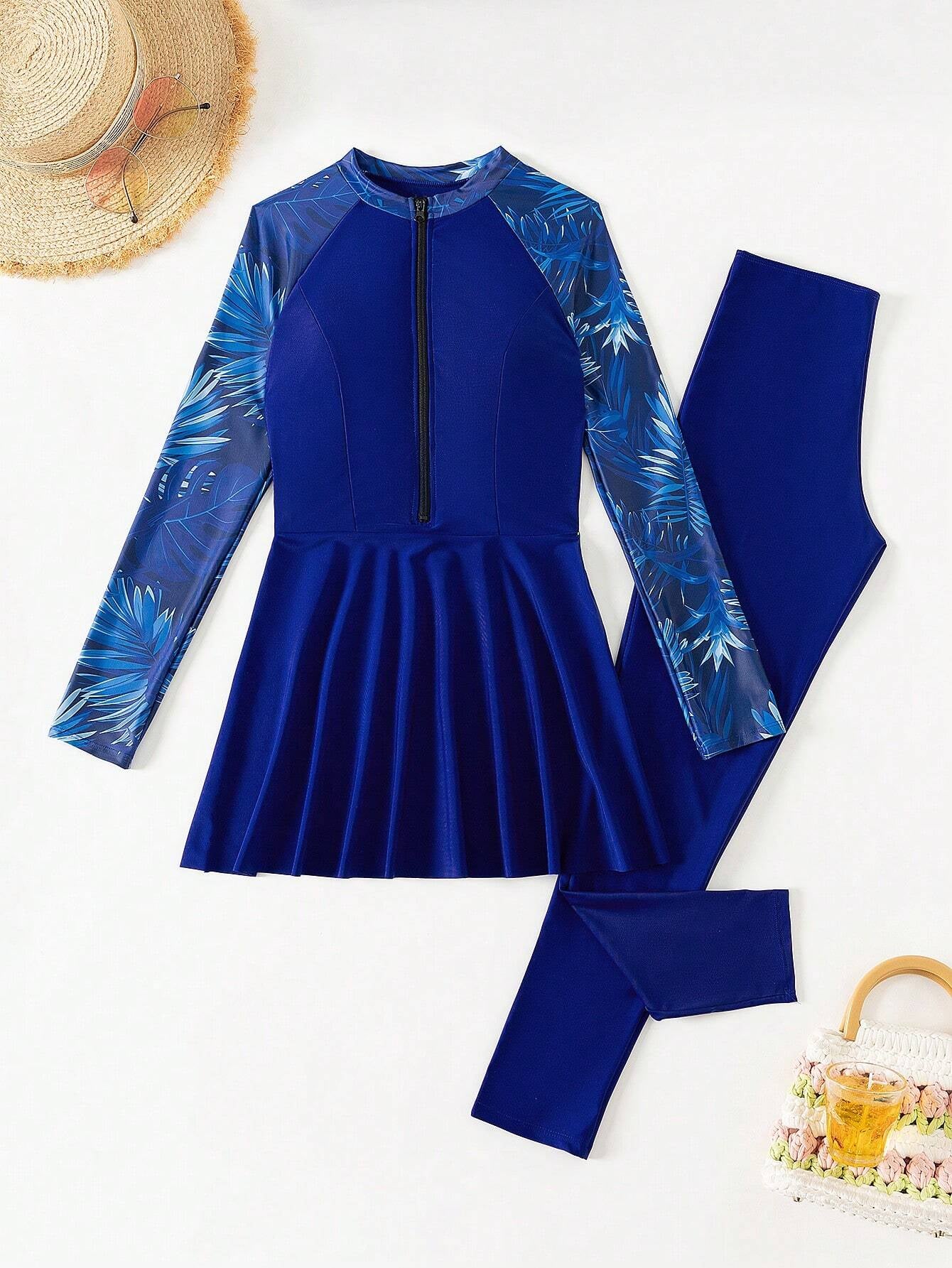 Swim Mulvari Women Summer Beach Contrast Tropical Print Holiday Long Sleeve Burkini Set Arabic Clothing