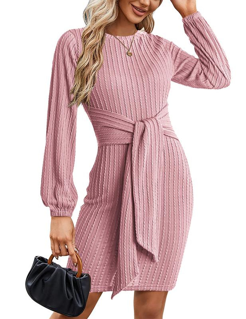 Women'S Elegant Knit Dress Long Lantern Sleeve Fall Bodycon Crewneck Tie Waist Rib Knitted Sweater Dresses Basic Chic Minimalist Sizes Run Small Petite