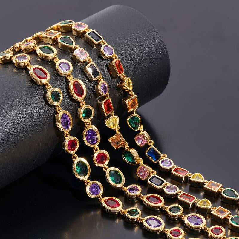 Turandoss Unisex 14K Gold Plated Multicolor Gemstone Tennis Necklace Square & Teardrop Cut Cubic Zirconia Choker Colorful Chain Jewelry Gift for Men & Women Birthday Wedding Anniversary