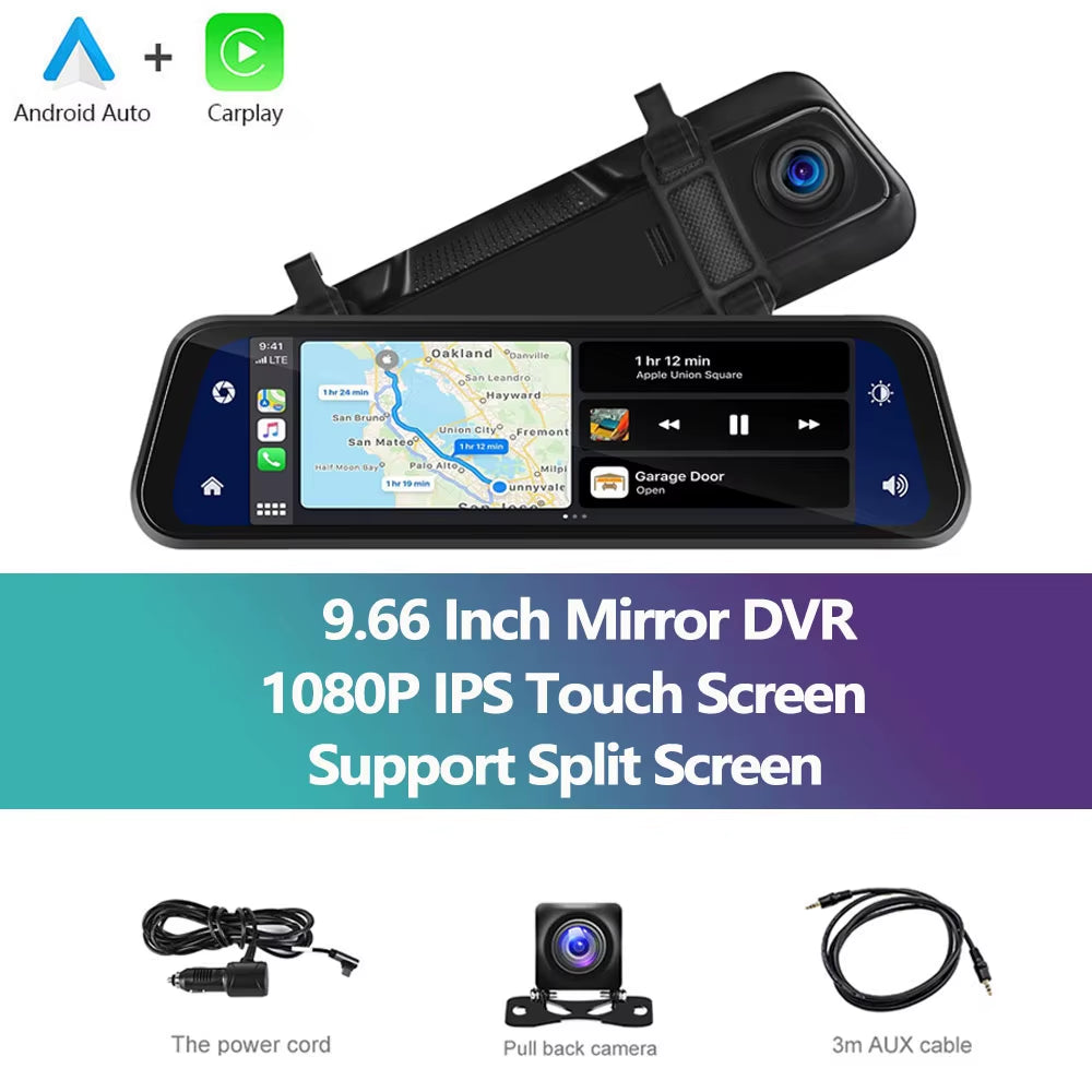 Car DVR Mirror 9.66 Inch Touch Screen Stream Rearview Dash Cam Mirror Dual Car Camera Wireless Carplay Drive Recorder