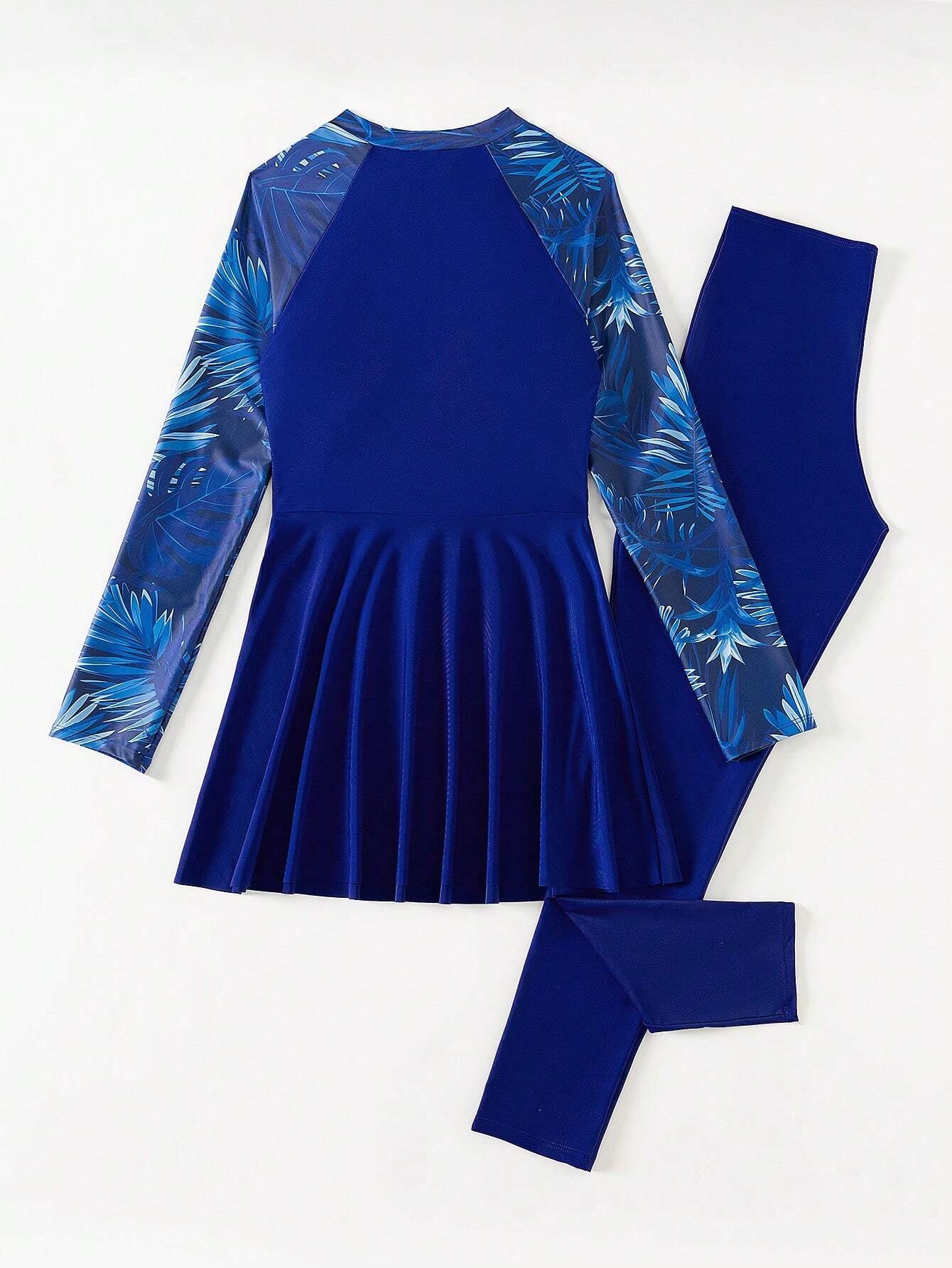 Swim Mulvari Women Summer Beach Contrast Tropical Print Holiday Long Sleeve Burkini Set Arabic Clothing