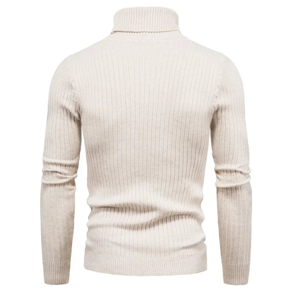 Men's Slim Fit Turtleneck Sweater - Solid Color Knitted Pullover for Autumn and Winter