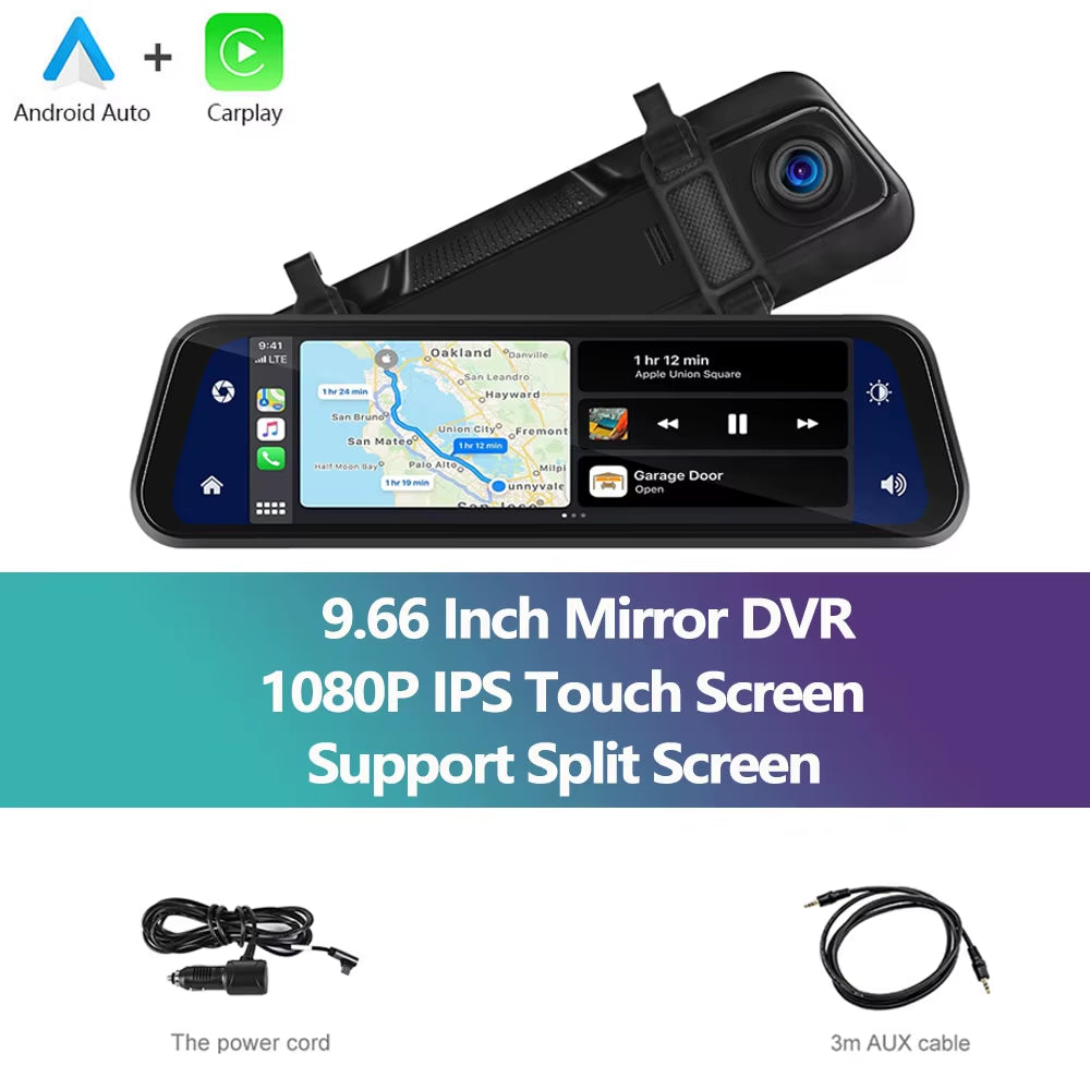 Car DVR Mirror 9.66 Inch Touch Screen Stream Rearview Dash Cam Mirror Dual Car Camera Wireless Carplay Drive Recorder