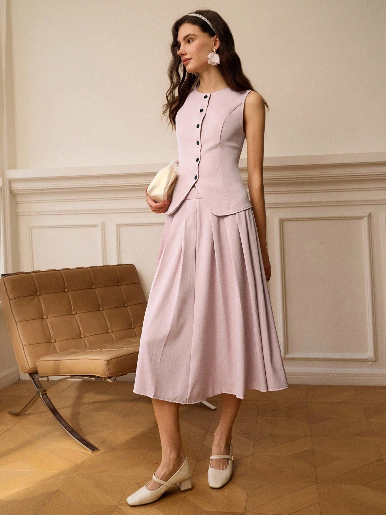 Clasi Women'S Pink Sleeveless Vest & Pleated Midi Skirt Elegant Suit Set, Summer