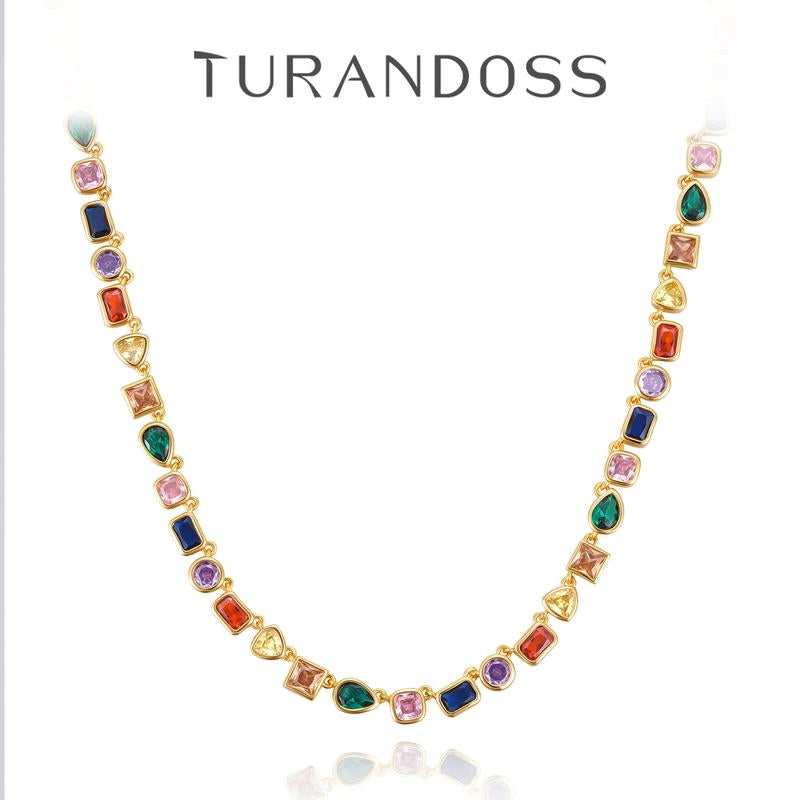 Turandoss Unisex 14K Gold Plated Multicolor Gemstone Tennis Necklace Square & Teardrop Cut Cubic Zirconia Choker Colorful Chain Jewelry Gift for Men & Women Birthday Wedding Anniversary