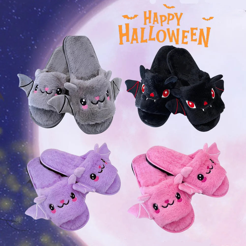 Halloween Bat Plush Slippers for Women and Men - Lightweight, Silent, and Fuzzy Home Footwear for Adults and Kids