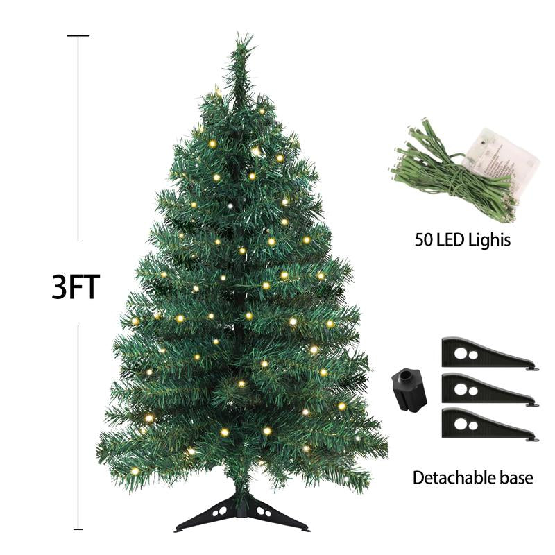 Okicoler 3 Ft Pre-Lit Christmas Tree, Artificial Christmas Trees with Lighting, Xmas Trees with 25 Led Lights, 100 Branch Christmas Decoration for Home, Office, Easy Assembly Ornaments