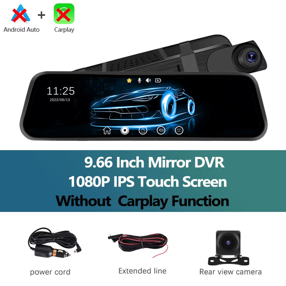 Car DVR Mirror 9.66 Inch Touch Screen Stream Rearview Dash Cam Mirror Dual Car Camera Wireless Carplay Drive Recorder