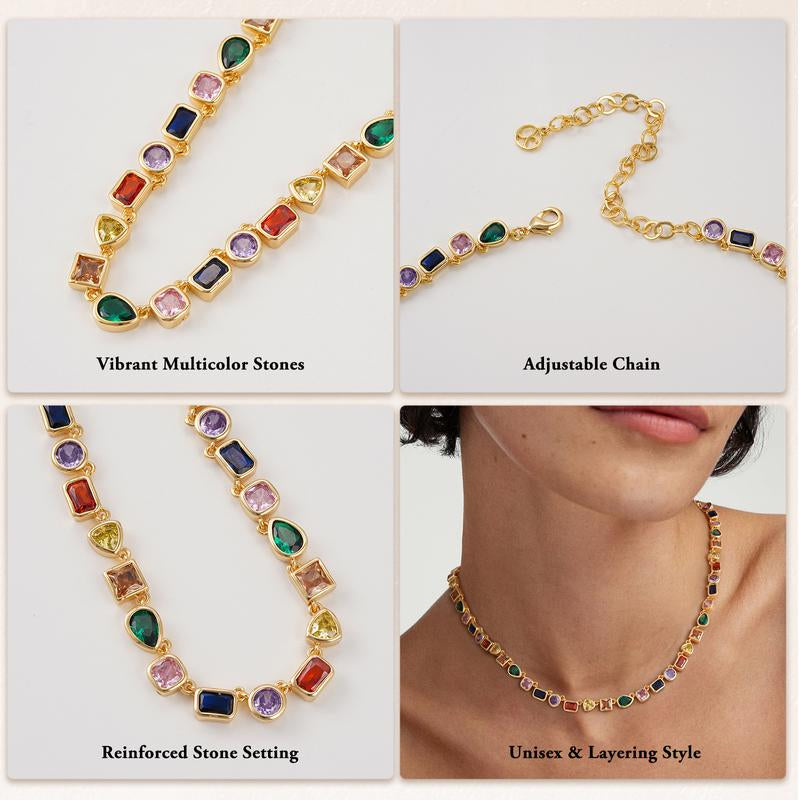 Turandoss Unisex 14K Gold Plated Multicolor Gemstone Tennis Necklace Square & Teardrop Cut Cubic Zirconia Choker Colorful Chain Jewelry Gift for Men & Women Birthday Wedding Anniversary