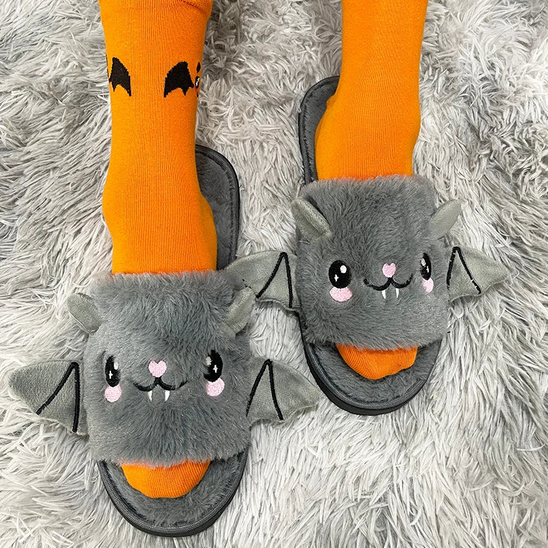 Halloween Bat Plush Slippers for Women and Men - Lightweight, Silent, and Fuzzy Home Footwear for Adults and Kids