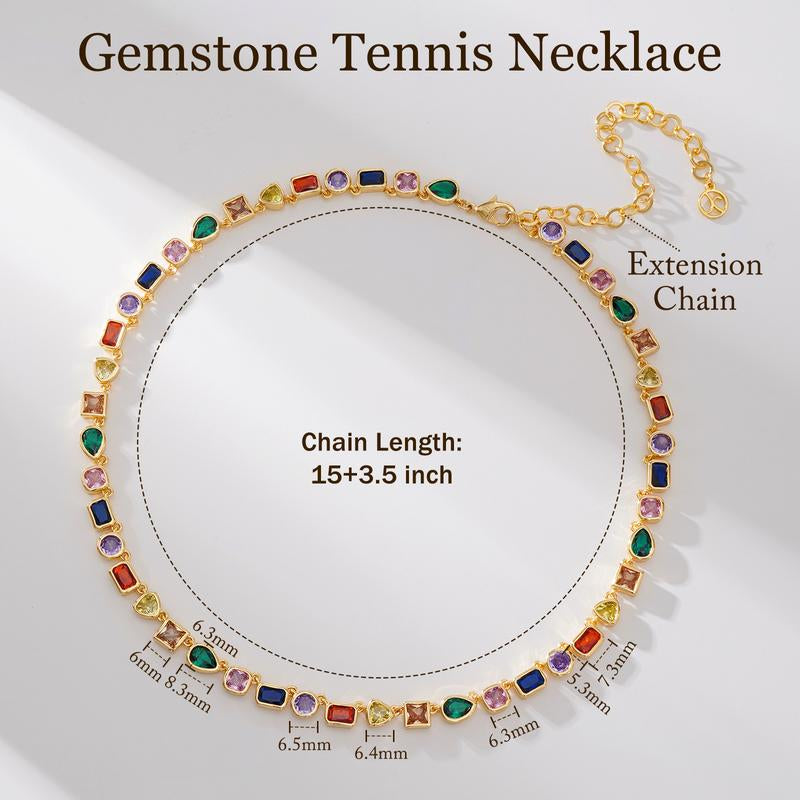 Turandoss Unisex 14K Gold Plated Multicolor Gemstone Tennis Necklace Square & Teardrop Cut Cubic Zirconia Choker Colorful Chain Jewelry Gift for Men & Women Birthday Wedding Anniversary