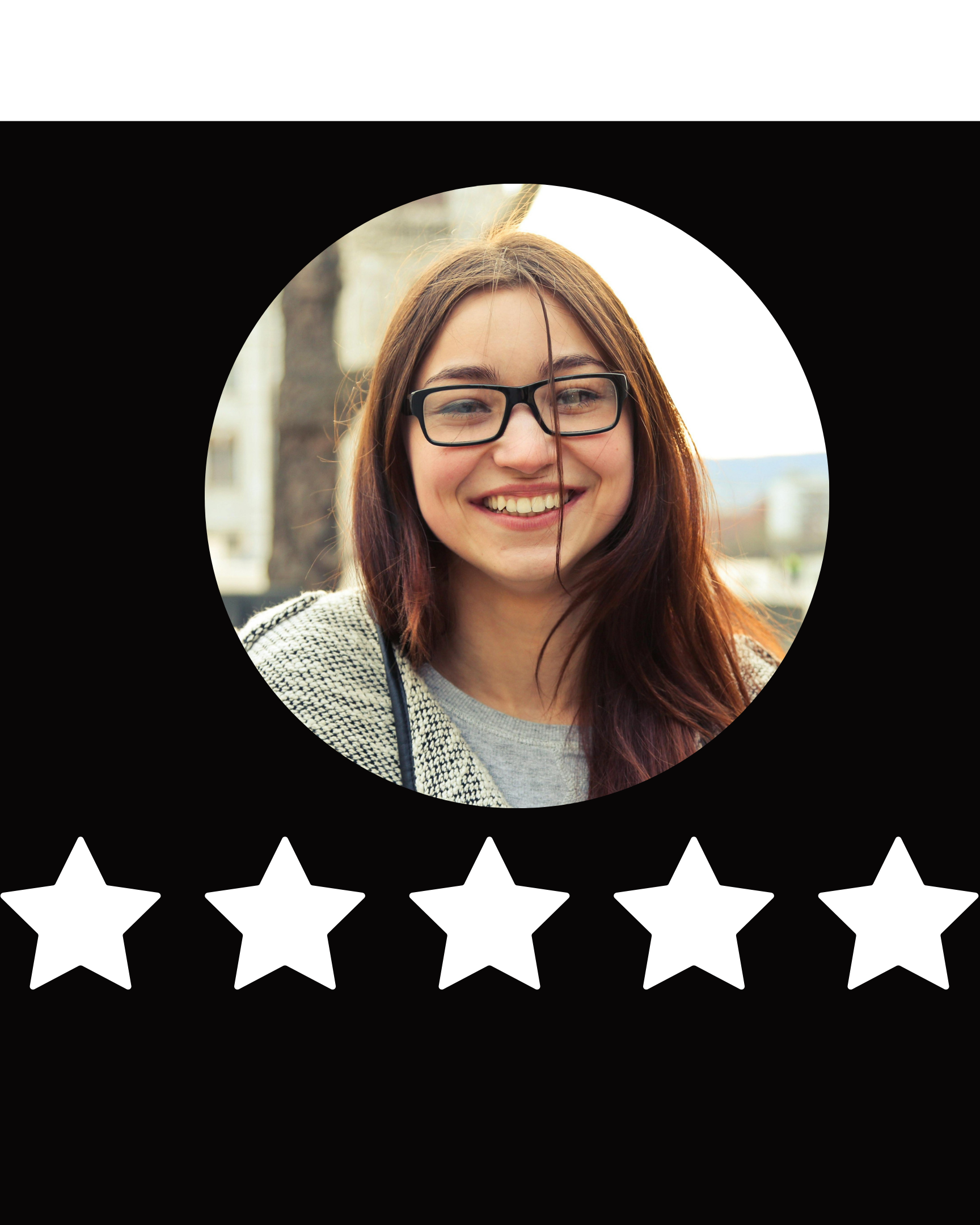 Five-star rating system with a circular photo of a person in the center on a black background ZELARI SHOP