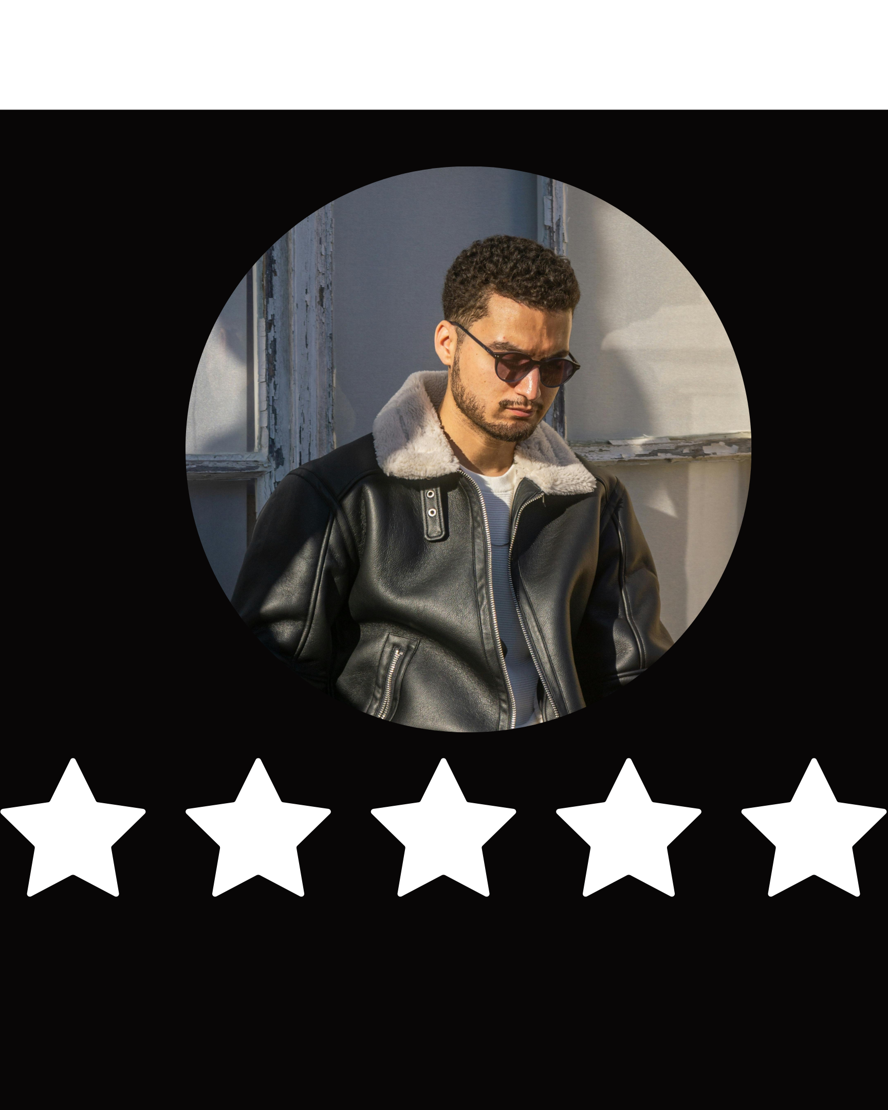 Person wearing sunglasses and a jacket with five white stars below on a black background