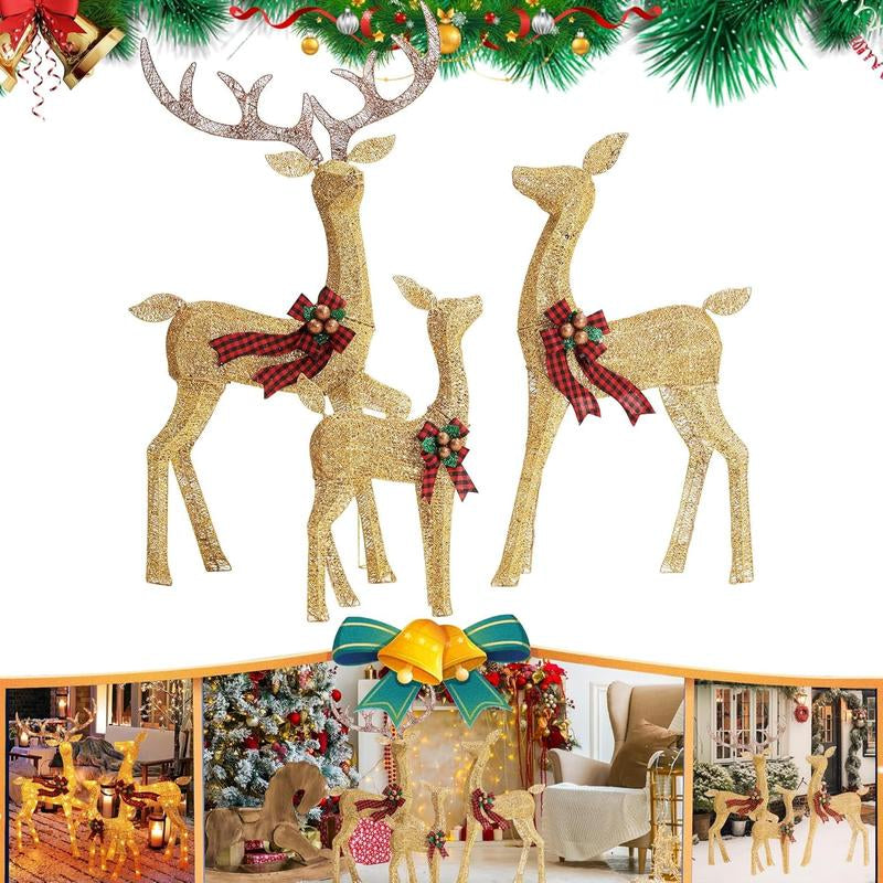 FOOWIN 3D Large Lighted Christmas Deer Family Set, 3-Piece 4.8Ft Pre-Lit Reindeer Outdoor Christmas Decoration with 210 LED Lights, Red Bows,Stakes, for Yard Patio Lawn Garden Courtyard