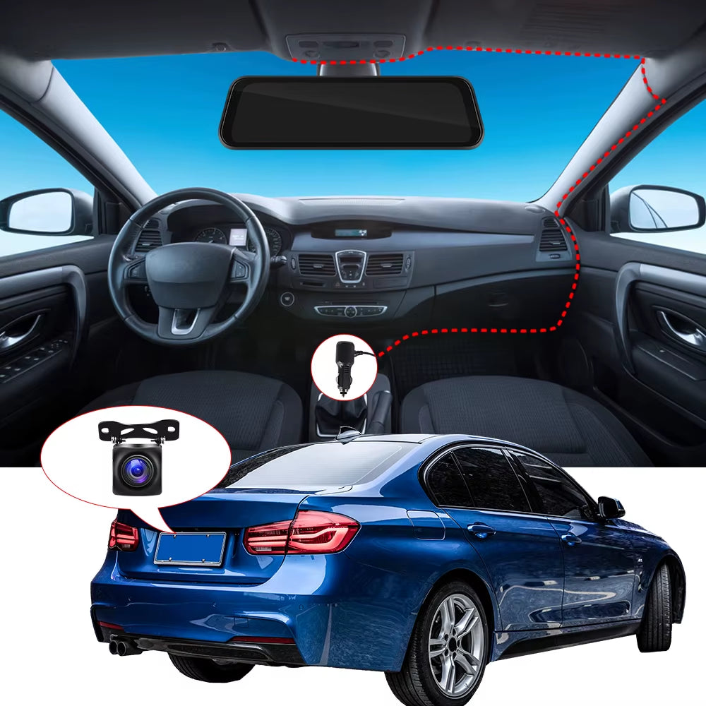 Car DVR Mirror 9.66 Inch Touch Screen Stream Rearview Dash Cam Mirror Dual Car Camera Wireless Carplay Drive Recorder
