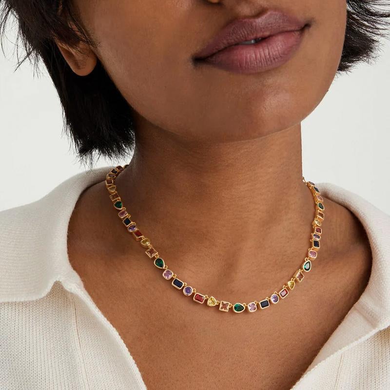 Turandoss Unisex 14K Gold Plated Multicolor Gemstone Tennis Necklace Square & Teardrop Cut Cubic Zirconia Choker Colorful Chain Jewelry Gift for Men & Women Birthday Wedding Anniversary