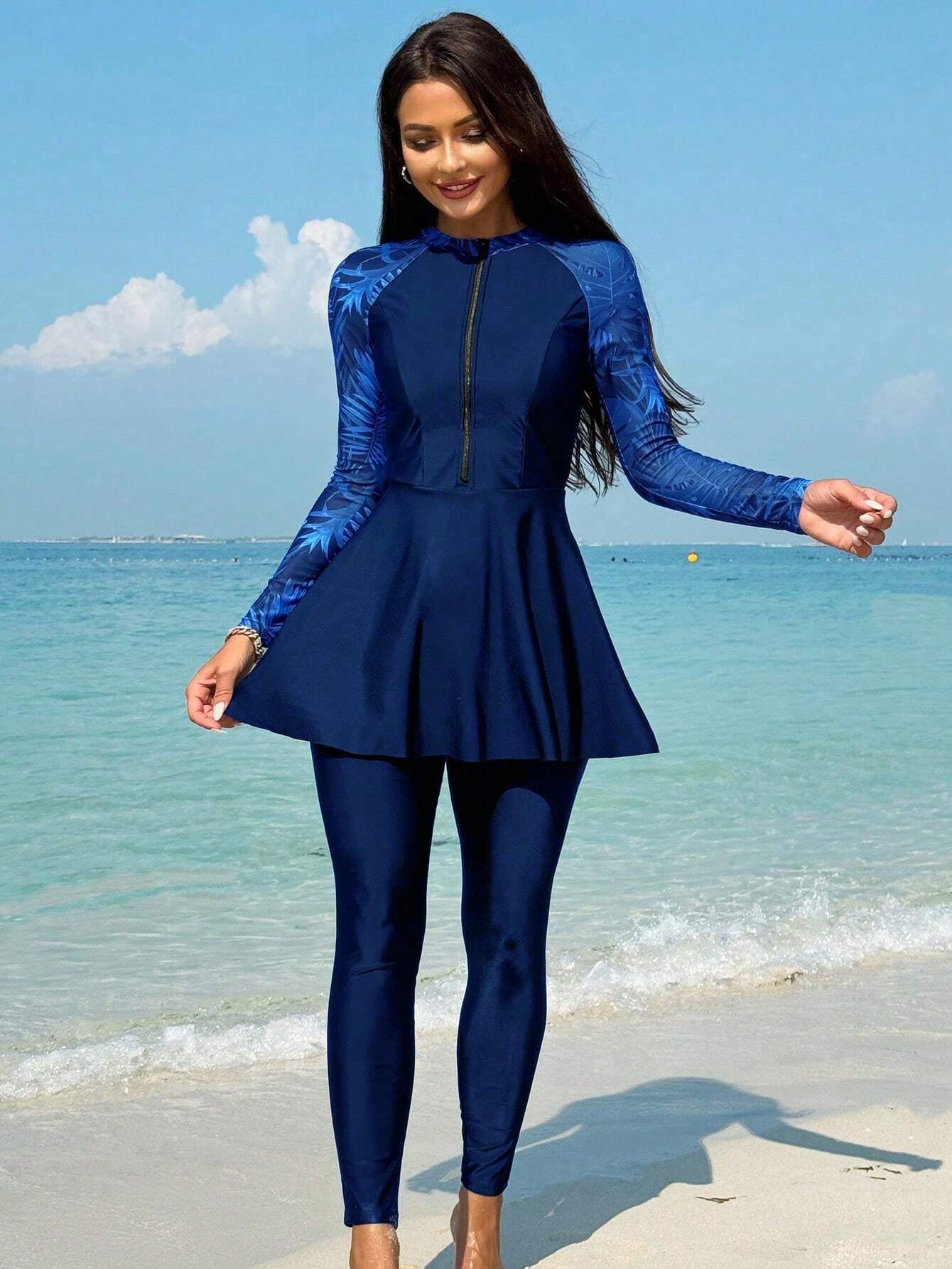 Swim Mulvari Women Summer Beach Contrast Tropical Print Holiday Long Sleeve Burkini Set Arabic Clothing