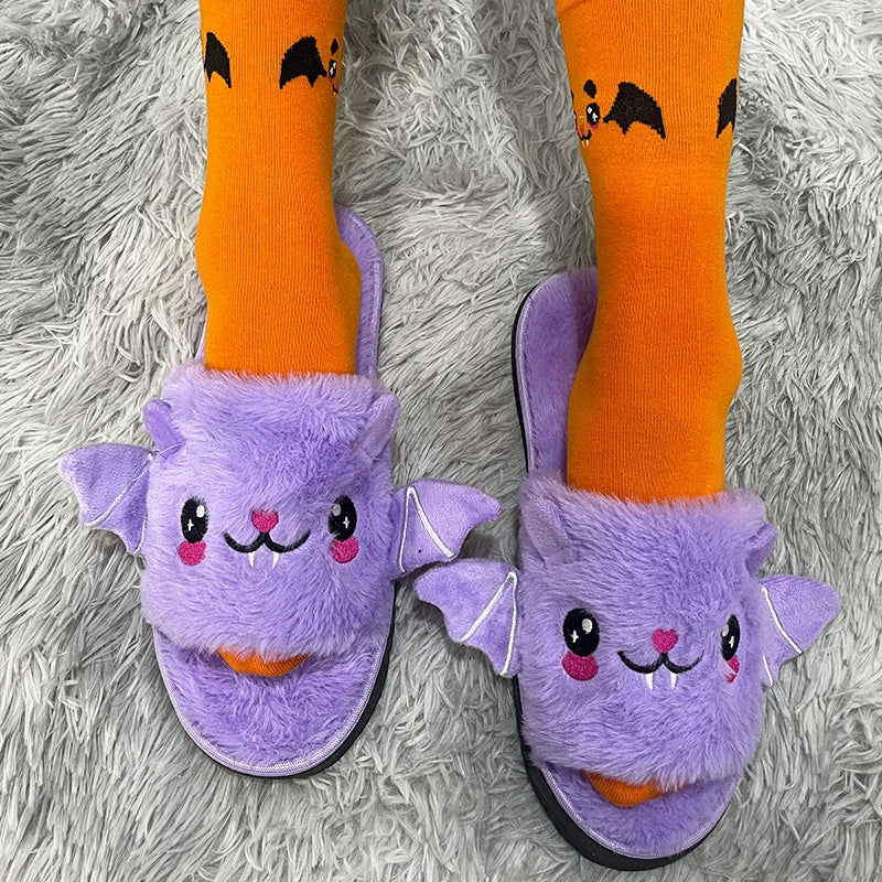 Halloween Bat Plush Slippers for Women and Men - Lightweight, Silent, and Fuzzy Home Footwear for Adults and Kids