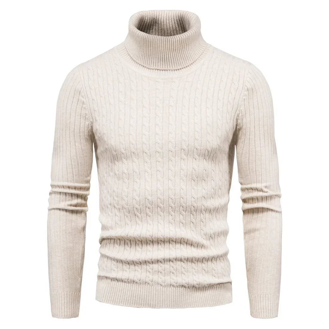 Men's Slim Fit Turtleneck Sweater - Solid Color Knitted Pullover for Autumn and Winter