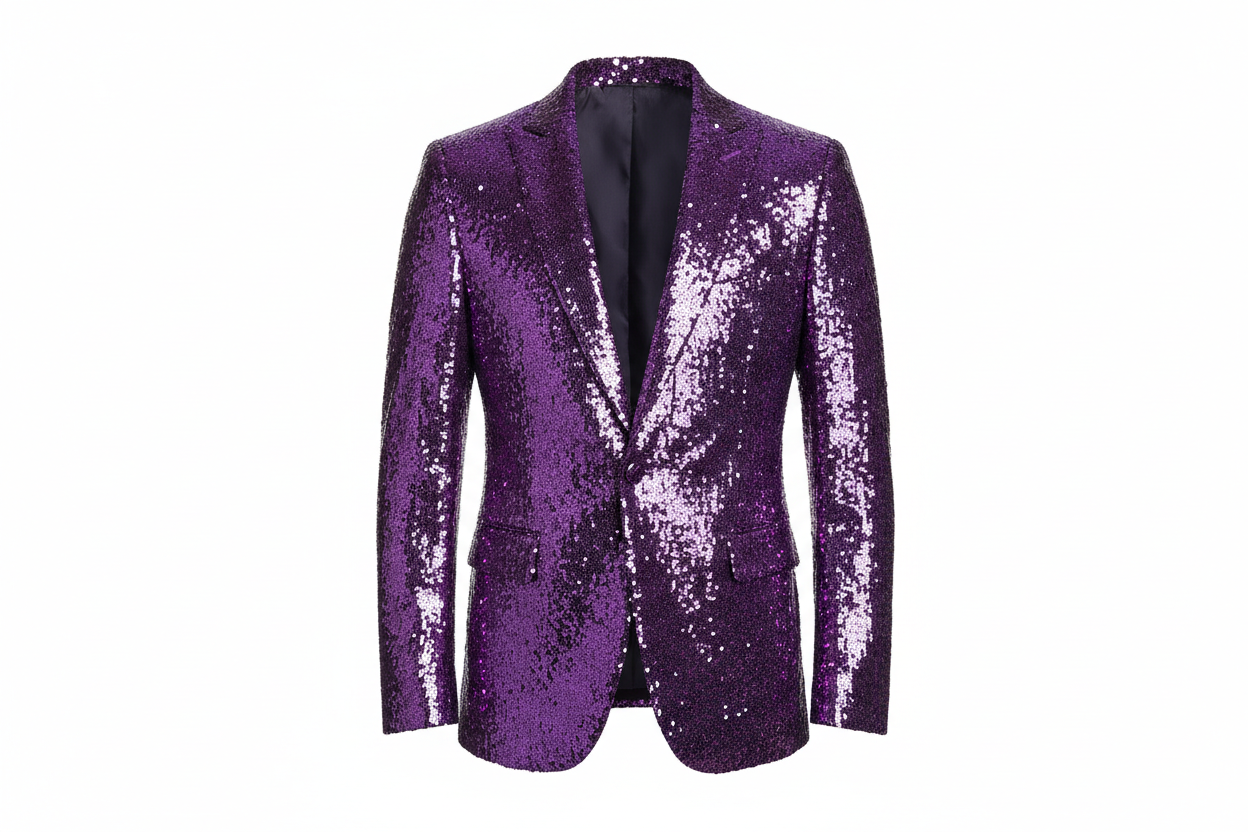 Make a statement with this eye-catching sequin blazer, designed for the modern man who isn't afraid to stand out. Featuring a sleek one-button closure and premium sequin detailing throughout, this piece transforms any outfit into something memorable. The tailored fit accommodates full and plus sizes, ensuring comfort without compromising on style. Perfect for nights out, special events, or whenever you want to elevate your casual wear with a touch of shimmer and sophistication.color purple