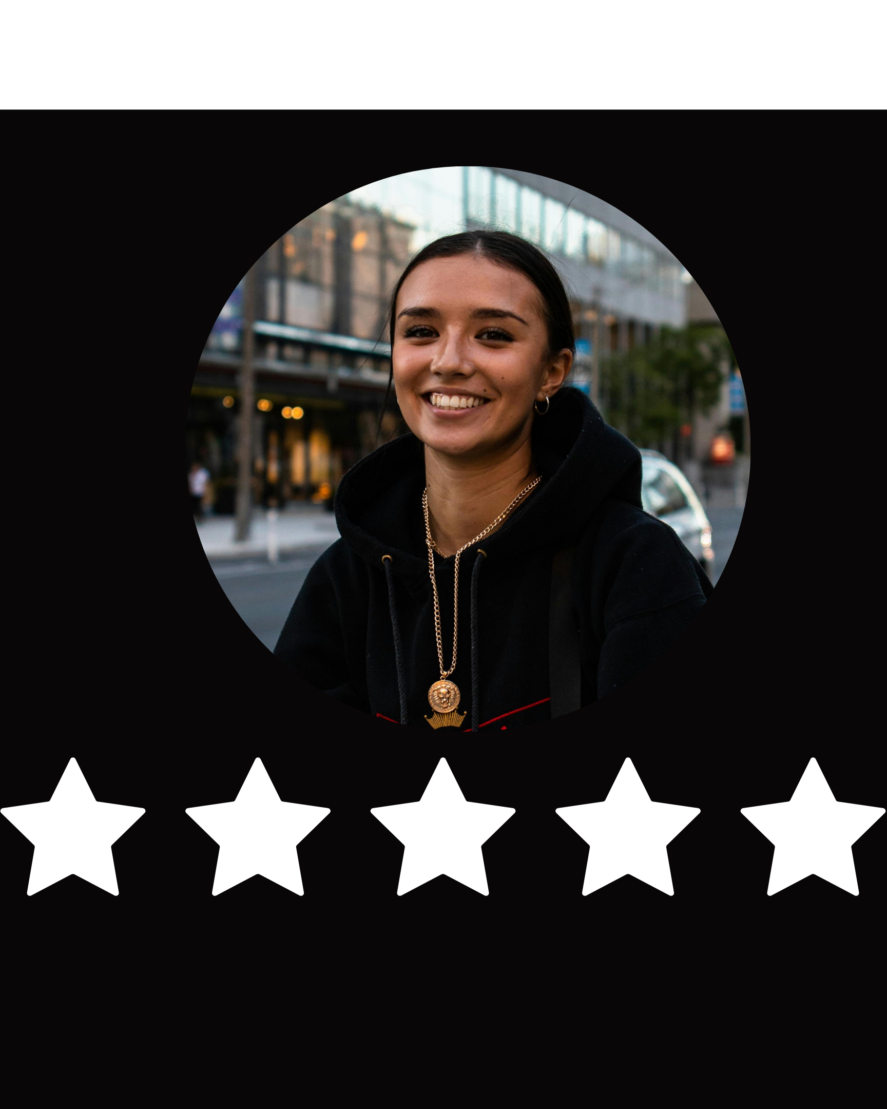 Five-star rating with a person's face in the center on a black background