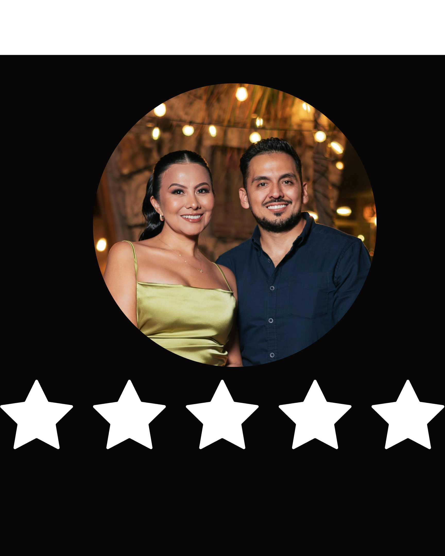 Five-star rating with a couple's photo in the center on a black background